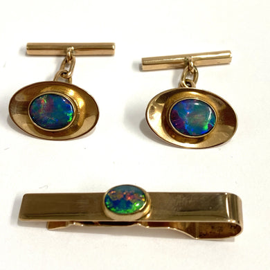 Vintage Yellow Gold Opal Cufflink and Tie Clip Set