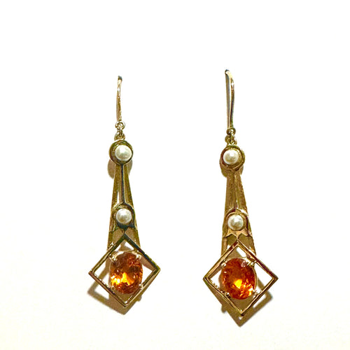 Mexican Fire Opal and Seed Pearl Earrings