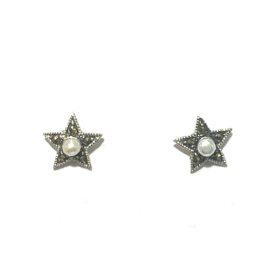 Sterling Silver Marcasite and Pearl Star Stud Earrings
