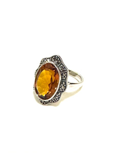 Natural Citrine, Sterling Silver and Marcasite Ring