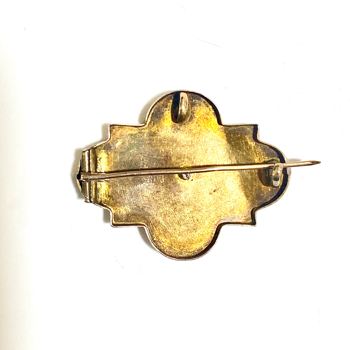 Antique Yellow Gold Onyx and Seed Pearl Brooch