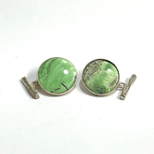 Sterling Silver Round Cabochon Cut Variscite Cufflinks