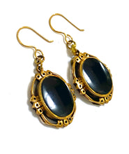 Oval Black Onyx Brass Dangle Earrings