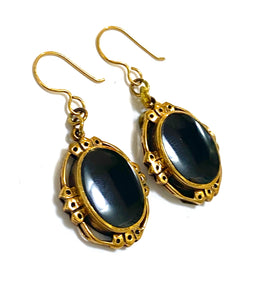 Oval Black Onyx Brass Dangle Earrings