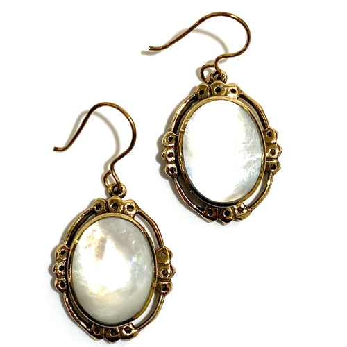 Brass Mother of Pearl Oval Cabochon Hook Drop Earrings