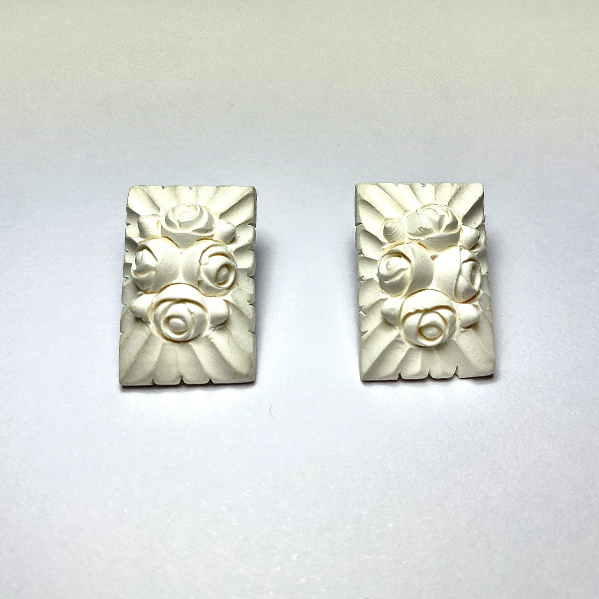 Vintage Carved Floral Mesculum Rectangle Clip On Earrings