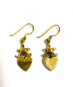 Brass Black Onyx Heart Dangle Earrings