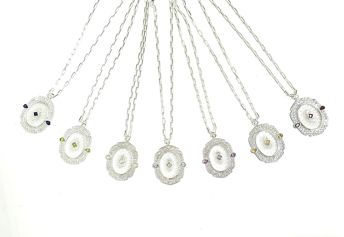Sterling Silver Gemstone and Carved Camphor Glass Pendant