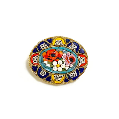 Italian Red, Blue and Yellow Floral Micro Mosaic Brooch