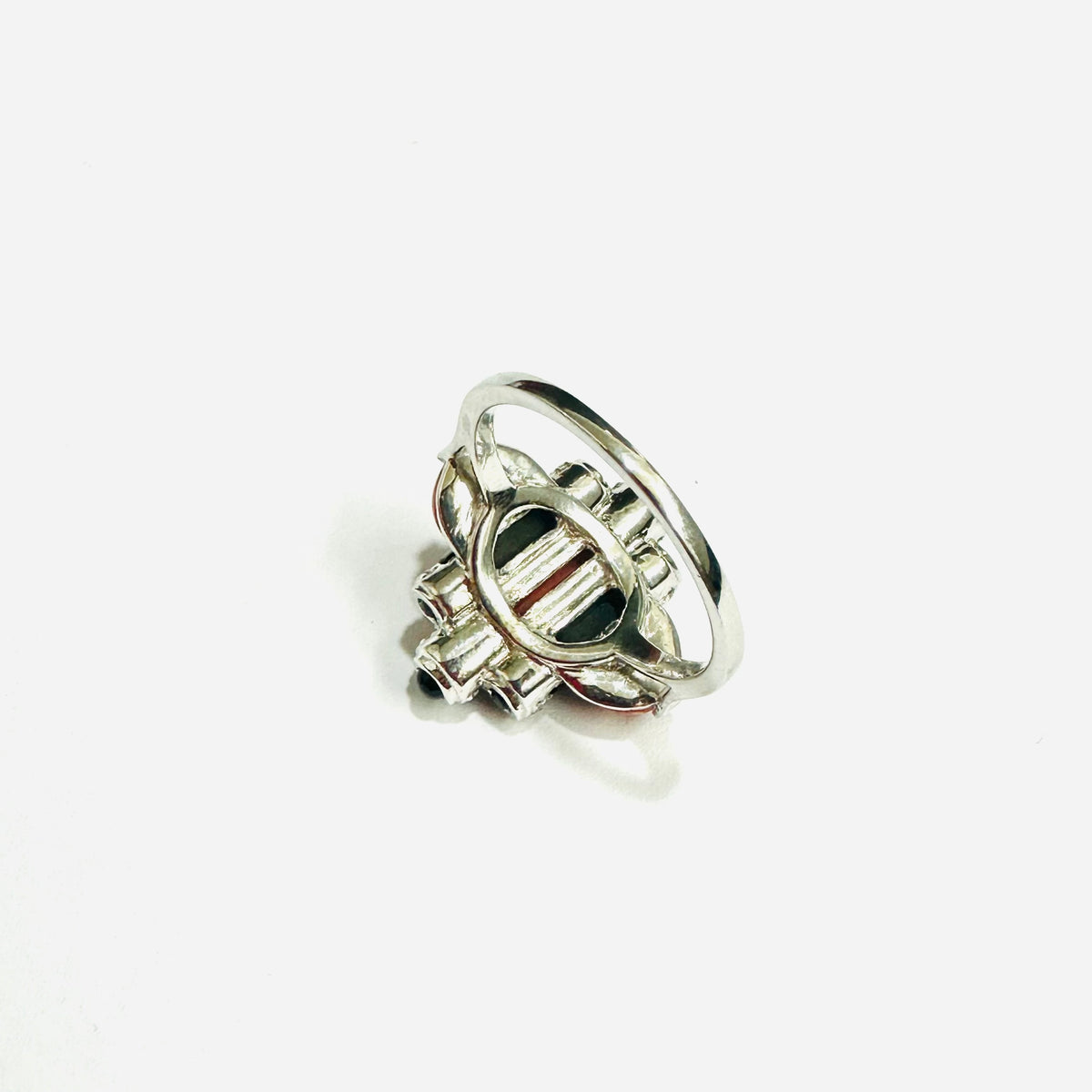 9ct White Gold Black Onyx, Coral and Diamond Ring