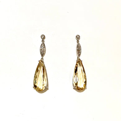 9ct White Gold Yellow Beryl and Diamond Stud Drop Earrings