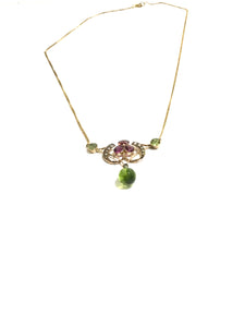9ct Yellow Gold Suffragette Necklace with Seed Pearl, Garnet and Peridot Pendant