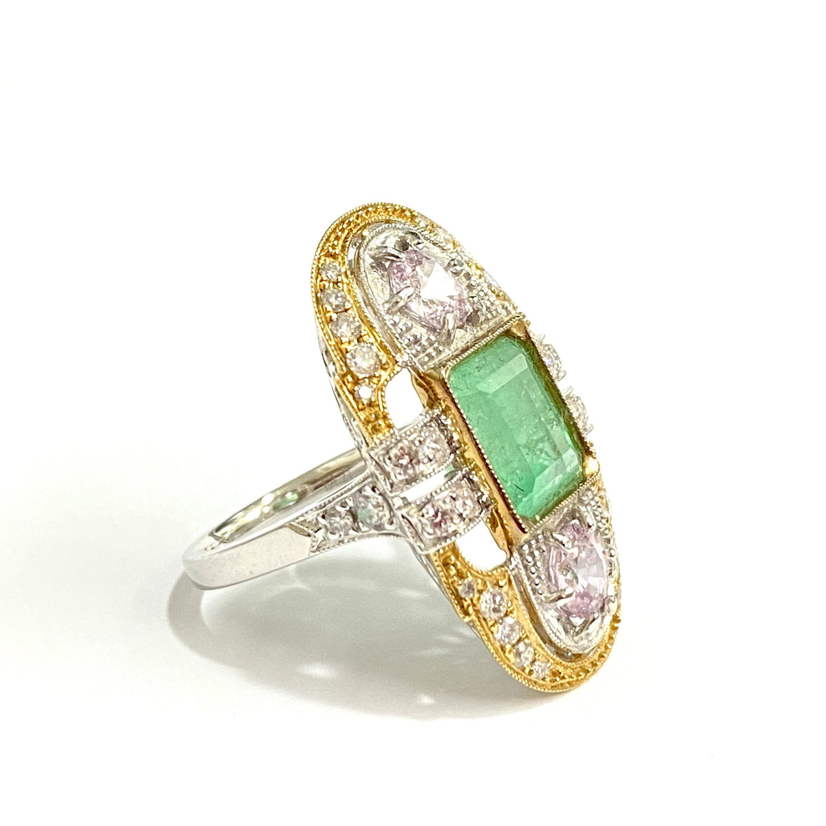Emerald, Pale Pink Sapphire and Diamond Ring