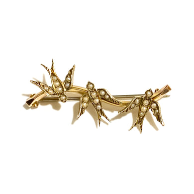 9ct Yellow Gold Seed Pearl Swallow Brooch