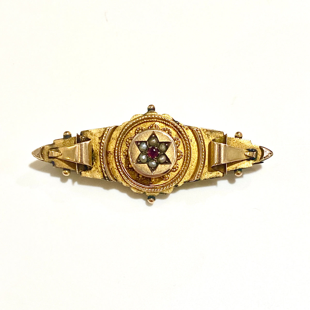 Antique 9ct Yellow Gold Ruby and Seed Pearl Victorian Mourning Brooch