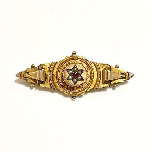 Antique 9ct Yellow Gold Ruby and Seed Pearl Victorian Mourning Brooch