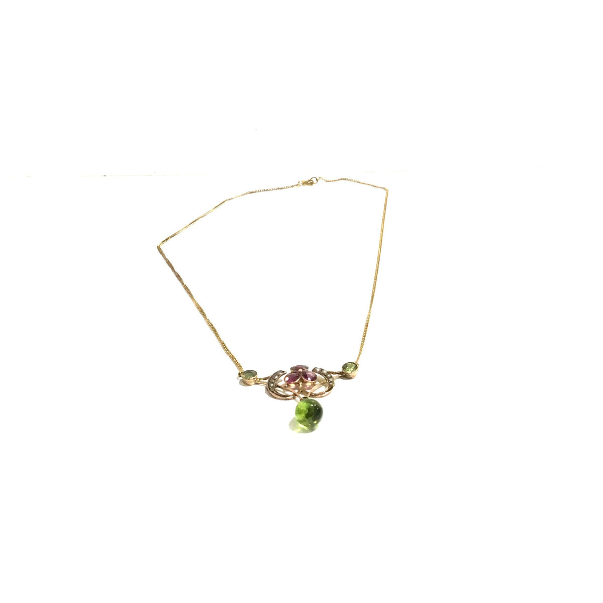 9ct Yellow Gold Suffragette Necklace with Seed Pearl, Garnet and Peridot Pendant