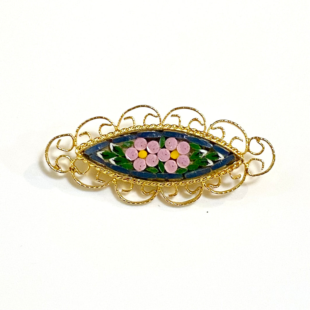 Ornate Marquis Shaped Micro Mosaic Brooch