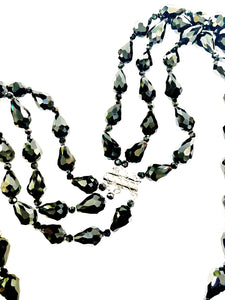 Three Strand Black Faceted Crystal Necklace with Knots