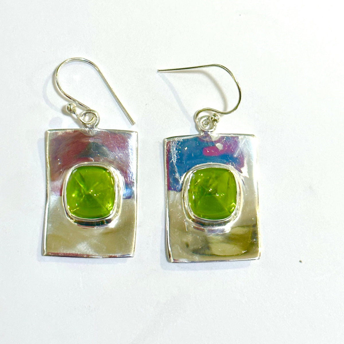 Sterling Silver Bullethead Cabochon Peridot Drop Earrings