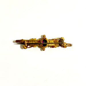 Yellow Gold Garnet and Seed Pearl Brooch