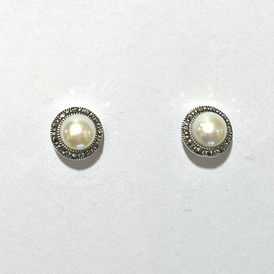 Sterling Silver Marcasite Round White Pearl Stud Earrings