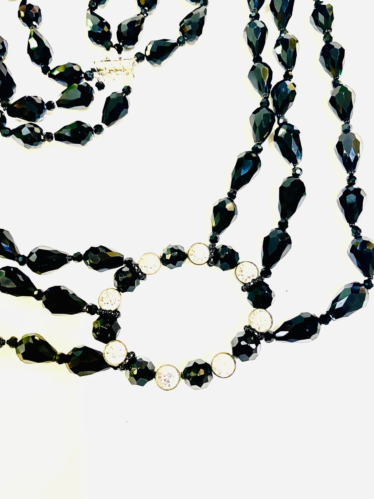 Three Strand Black Faceted Crystal Necklace with Knots