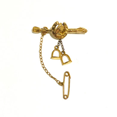 18ct Yellow Gold Horseshoe and Stirrups Brooch