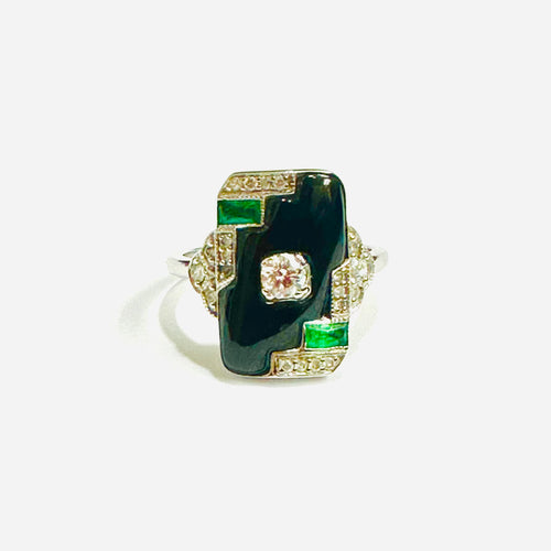 9ct White Gold Emerald, Diamond and Black Onyx Ring