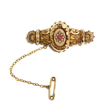 Antique 9ct Yellow Gold Ruby and Seed Pearl Mourning Brooch