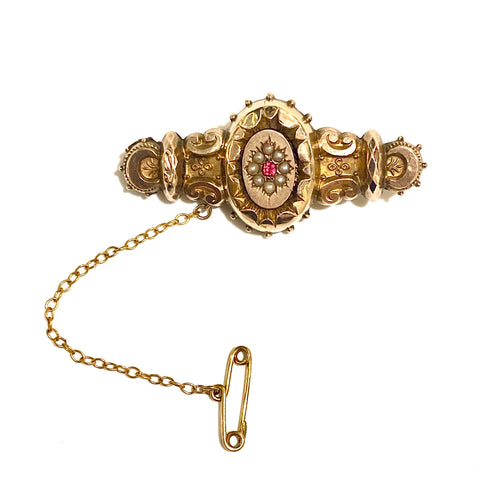 Antique 9ct Yellow Gold Ruby and Seed Pearl Mourning Brooch