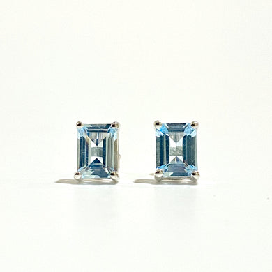 Sterling Silver Rectangular Cut Blue Topaz Stud Earrings