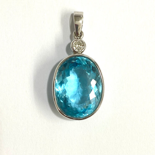 9ct White Gold 15ct Swiss Blue Topaz and Diamond Pendant