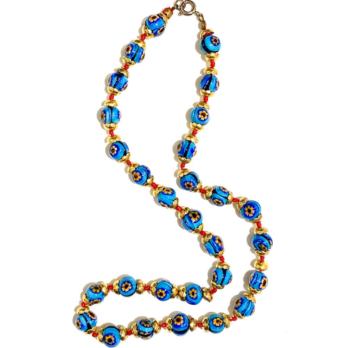 Blue and Gold Millefiori Beaded Necklace