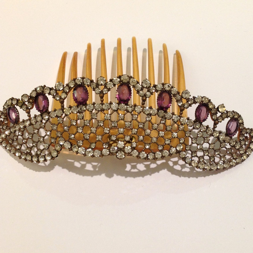 Antique Amethyst Paste and Crystal Celluloid Tiara Comb