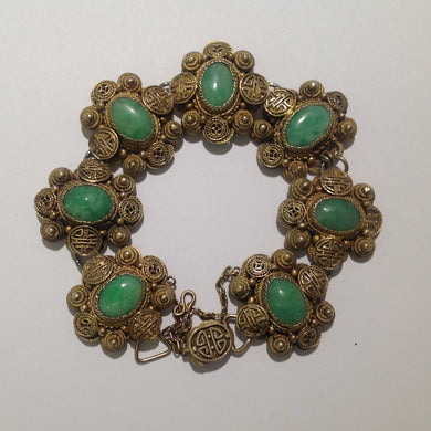 Vintage Sterling Silver Gold Plate Jade Bracelet