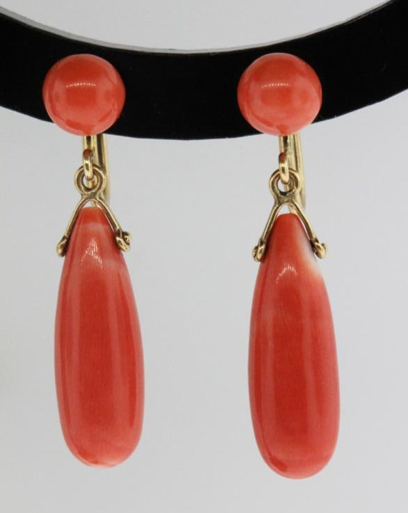 Vintage 14ct Rose Gold Natural Momo Coral Drop Screw On Earrings