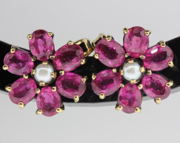Vintage 9ct Yellow Gold Natural Ruby and Seed Pearl Stud Earrings