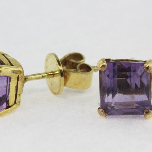 14ct Yellow Gold Square Cut Amethyst Stud Earrings