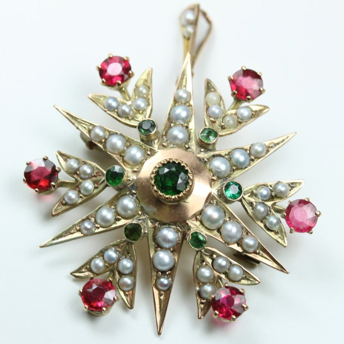 Antique 9ct Yellow Gold Ruby, Pearl, and Emerald Starburst Brooch