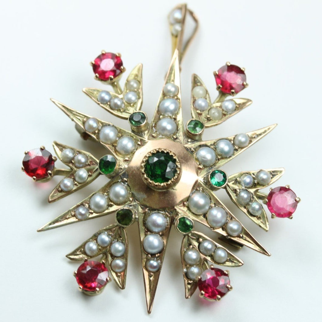 Antique 9ct Yellow Gold Ruby, Pearl, and Peridot Starburst Brooch