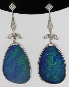 9ct White Gold Solid Opal and Diamond Drop Earrings