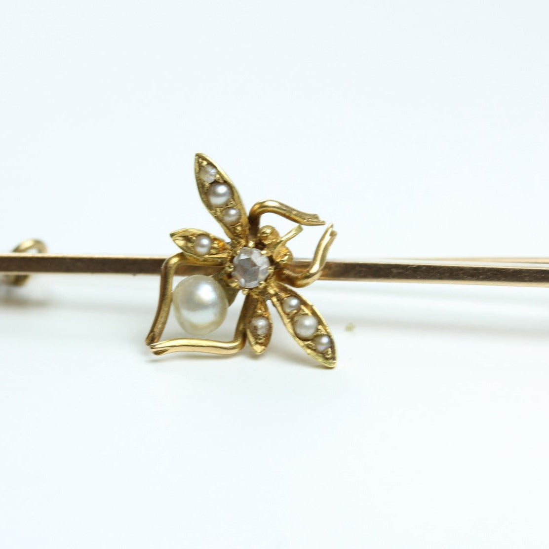 Diamond, Pearl and 9ct Yellow Gold Bar Brooch