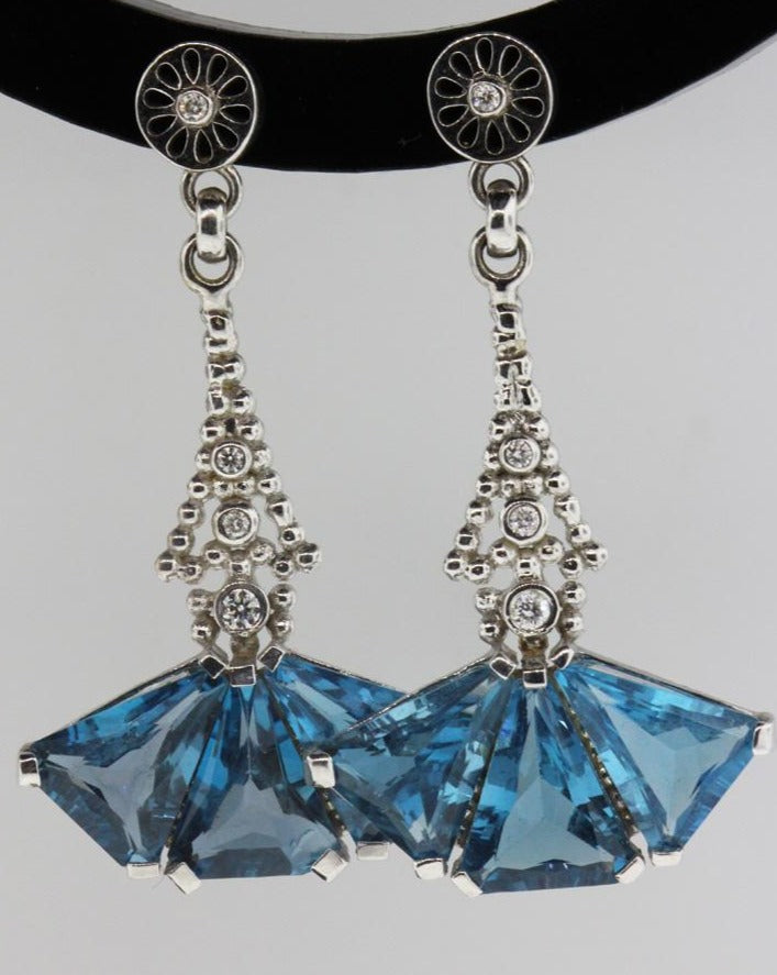 9ct White Gold London Blue Topaz and Diamond Drop Earrings