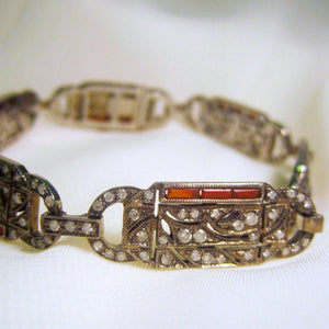 Antique 9ct White Gold Diamond and Orange Paste Bracelet