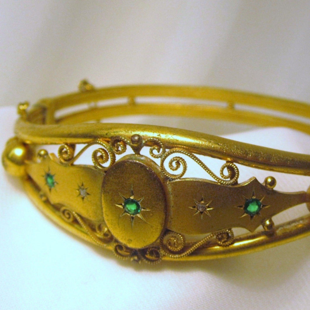 Antique Gold Gilt Emerald and Paste Bangle