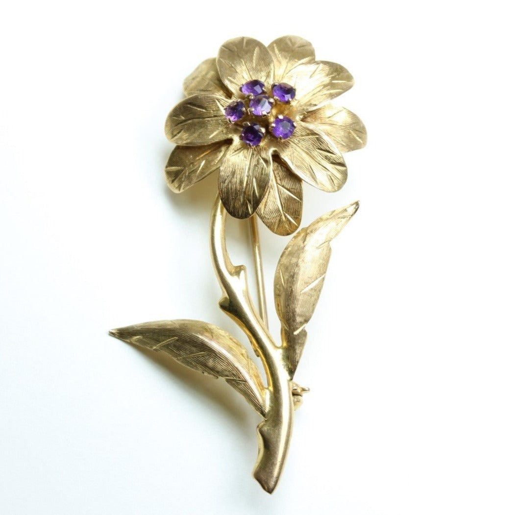 Vintage 9ct Yellow Gold Amethyst Flower Brooch
