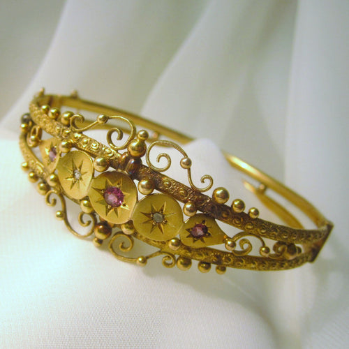 Antique Gold Guilt Pink Garnet and Paste Bangle