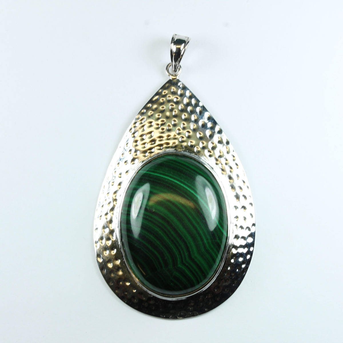 Malachite Hammered Silver Tear Drop Pendant