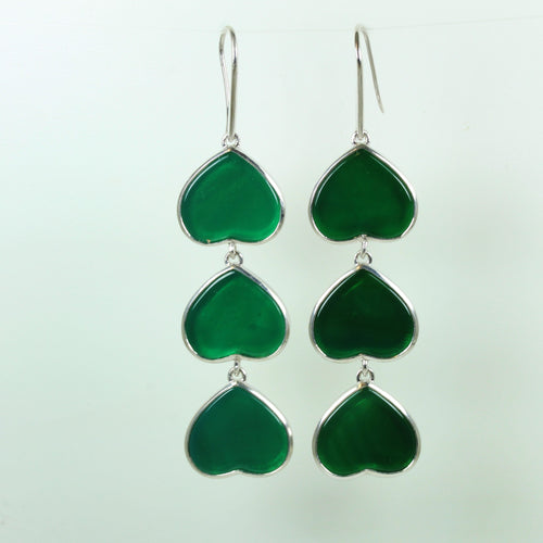 Green Onyx Heart Sterling Silver Hanging Hook Earrings